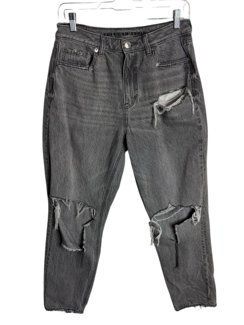 American Eagle Mom Jeans Size 8 Grey Denim Distressed High Waisted Grunge